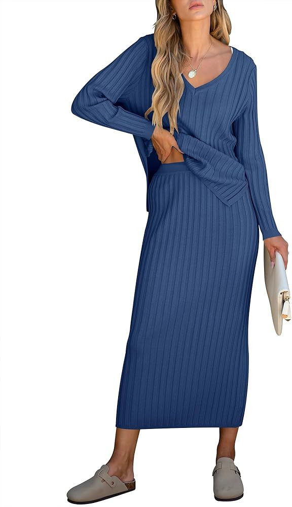 ANRABESS Women's 2 Piece Outfits Sweater Skirt Sets Casual Long Sleeve V Neck Ribbed Knit Tops Mi... | Amazon (US)