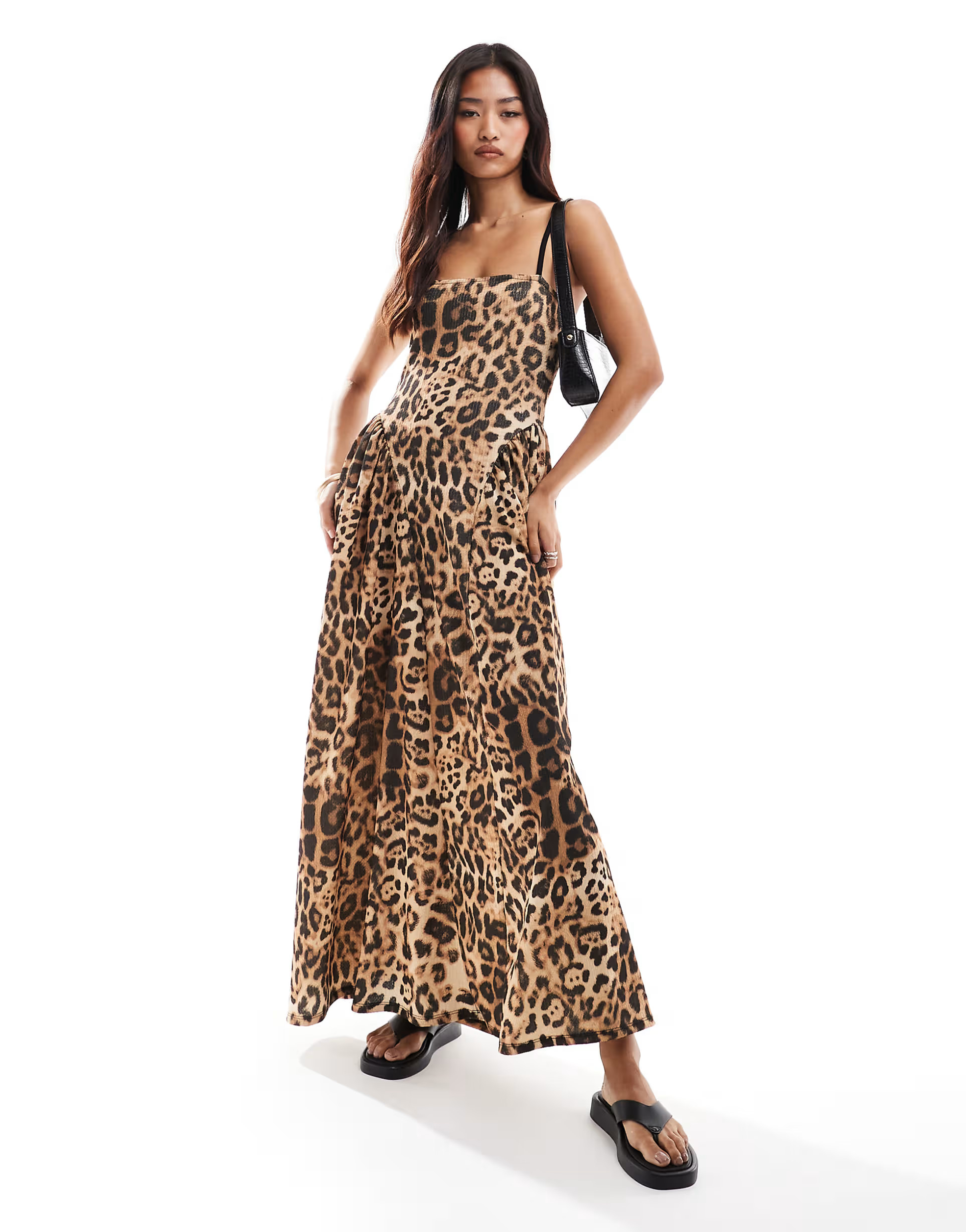 ASOS DESIGN square neck full skirt midi dress with godets in leopard print | ASOS (Global)