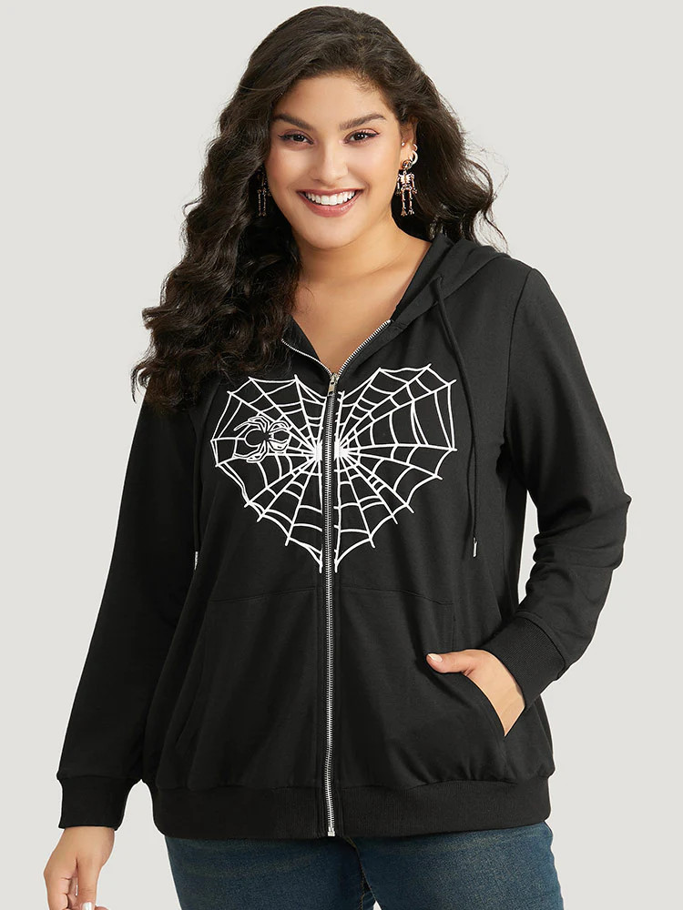 Halloween Spider Web Print Pocket Zipper Sweatshirts | Bloomchic