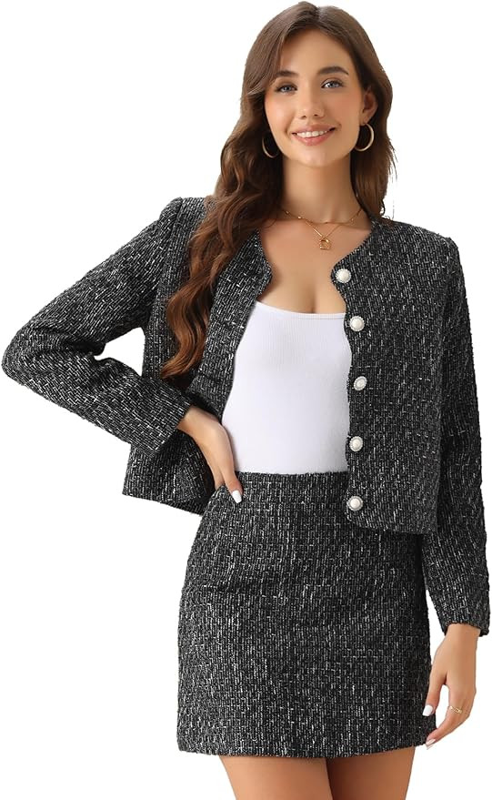 Allegra K Business Blazer Skirt for Women's 2 Piece Tweed Suit Set | Amazon (US)