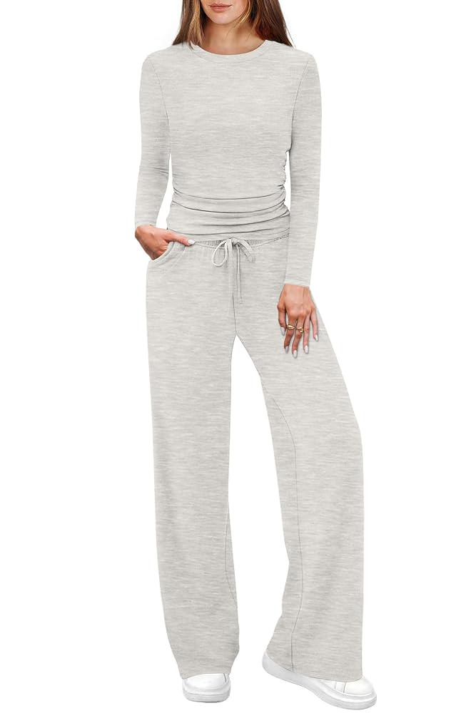 WIHOLL Lounge Sets for Women 2 Piece Vacation Outfits Long Sleeve Tops with Side Ruched Wide Leg ... | Amazon (US)
