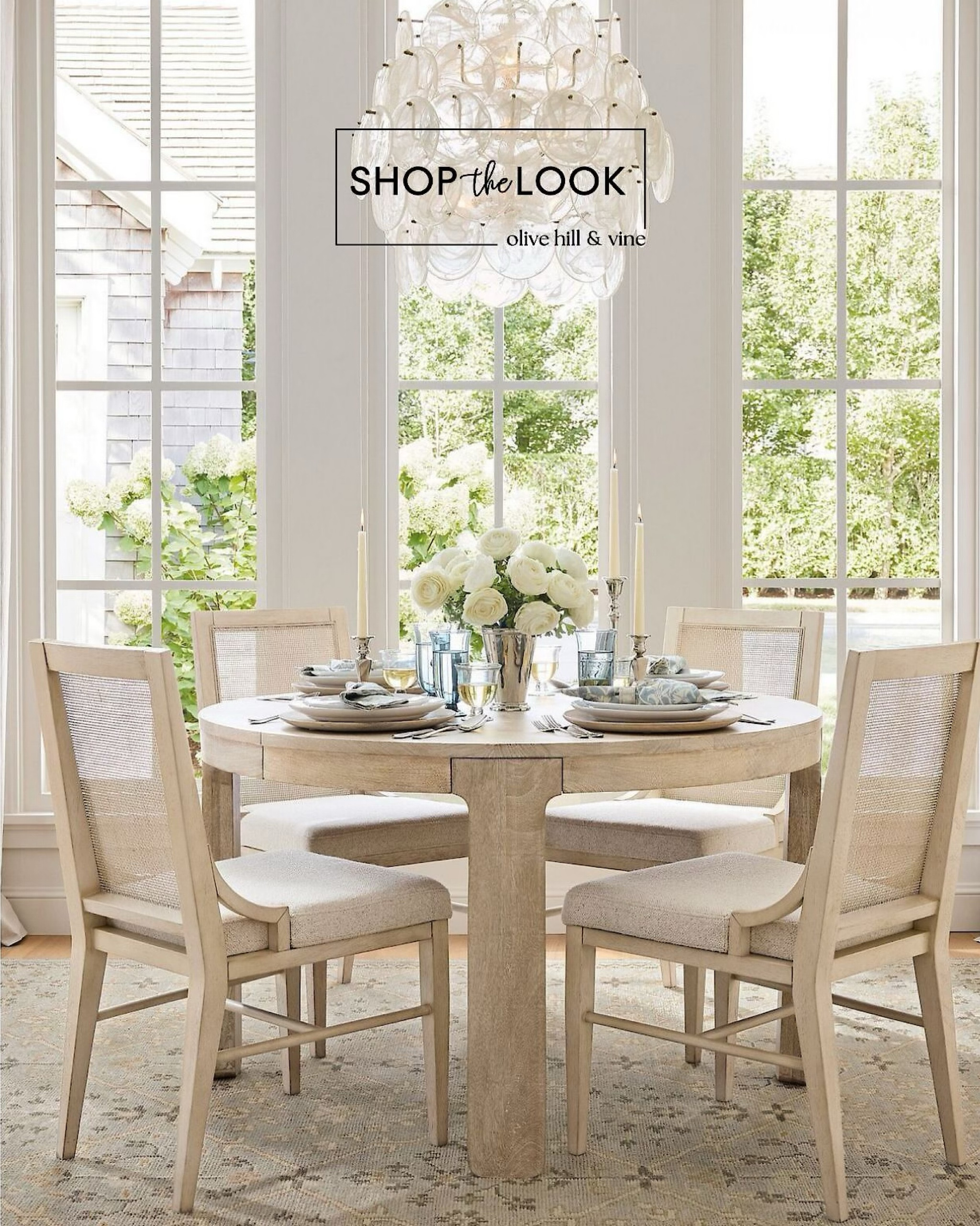 Dinner parties just got a serious upgrade. A round sandwash dining table extends to seat six, paired with cane-accented chairs for effortless style. A vintage-inspired wool rug, organic cotton napkins, and a cascading capiz chandelier complete the look with refined charm. 

#LTKStyleTip #LTKHome #LTKFamily