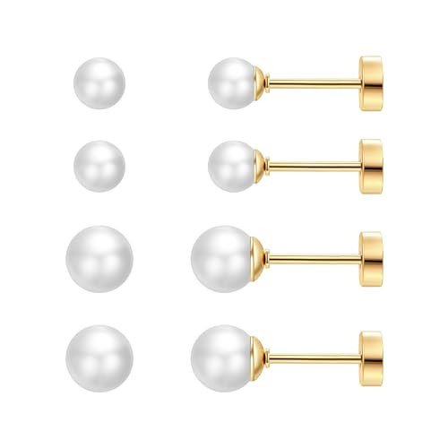 SmileBelle 2 Pairs Pearl Stud Earrings for Women, 20 Gauge Gold Flat Back Pearl Earrings Screw Back Cartilage Stud for Girls as Sleep Helix Piercing Jewelry (4mm+6mm) | Amazon (US)