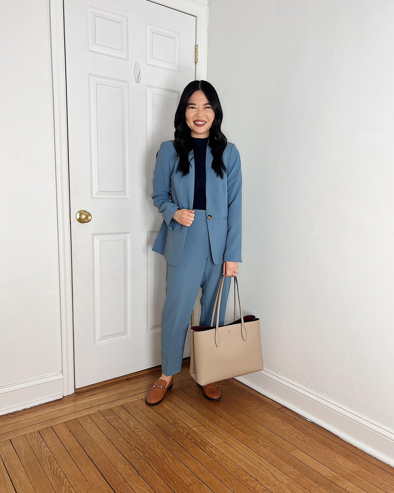 Light blue suit
Light blue blazer (4P)
Navy mock neck top (XS)
Light blue pants (4P)
Taupe tote bag
Kate Spade Bleecker tote bag
Brown loafers (TTS)
Business professional
Business casual
Work outfit
Ann Taylor outfit

#LTKfindsunder100 #LTKsalealert #LTKworkwear