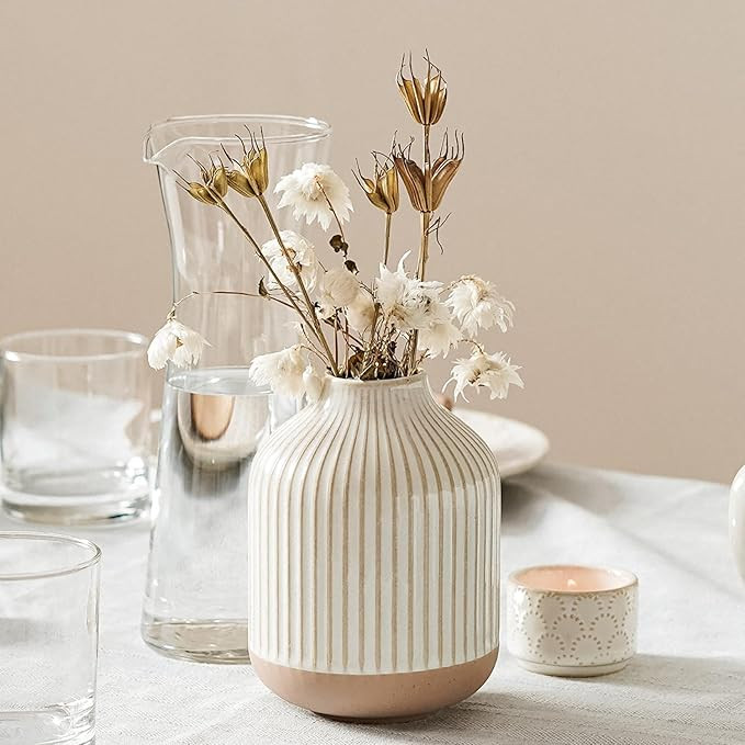 Boho Farmhouse Small Ceramic Vase for Pampas Grass & Flowers - 5.3 Inch Rustic White Vase, Center... | Amazon (US)