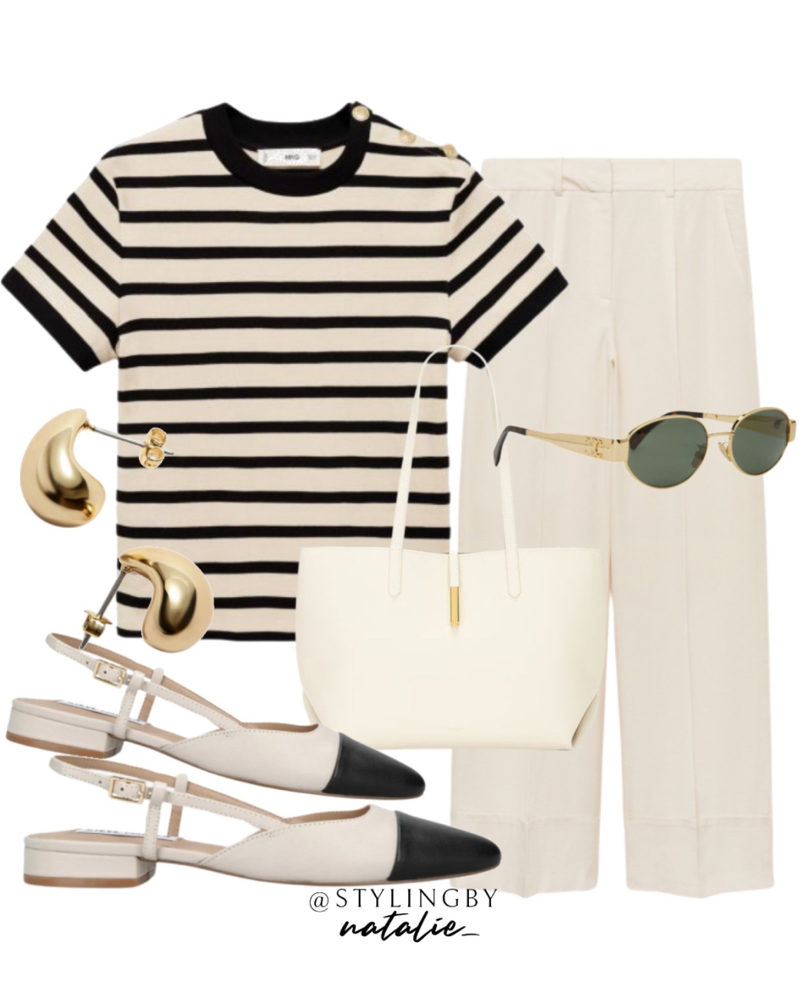 Stripe top with gold button detail, straight leg trousers, slingbacks, tote bag, gold earrings and Celine sunglasses.
🏷️Work wear, smart casual, business casual, office look.

#LTKstyletip #LTKmodest #LTKworkwear