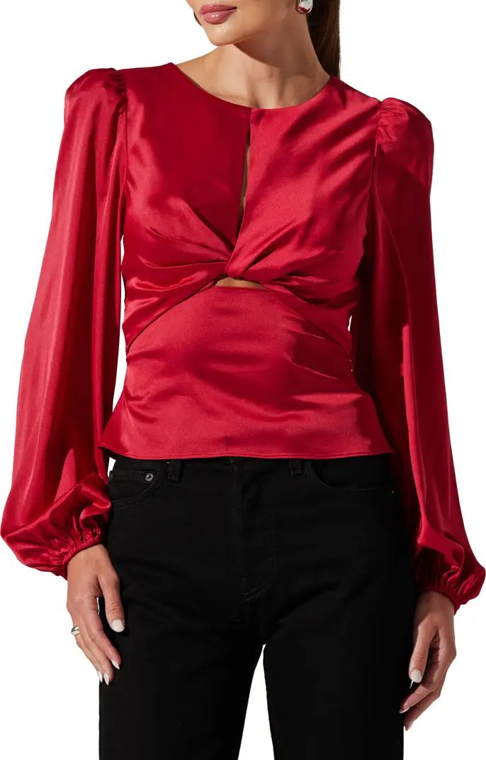 ASTR the Label Twist Front Keyhole Balloon Sleeve Satin Top | Nordstrom | Nordstrom