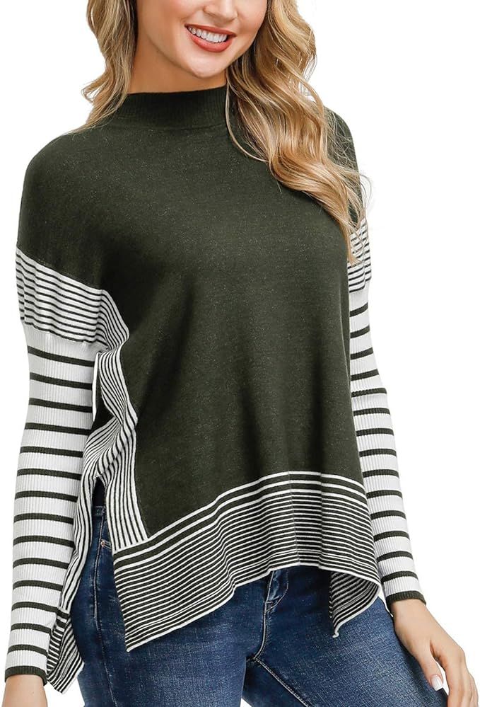 GRACE KARIN Women's Striped Oversize Soft Knit Cape Sweater Mock Neck Pullovers | Amazon (US)