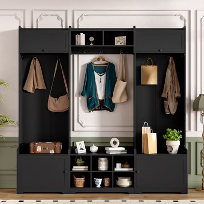 4-in-1 Hall Tree Mudroom Coat&Shoe Rack Entryway Bench Hallway Shoe Cabinet with 7 Hooks & & Adjustable Shelf, Black - ModernLuxe | Target