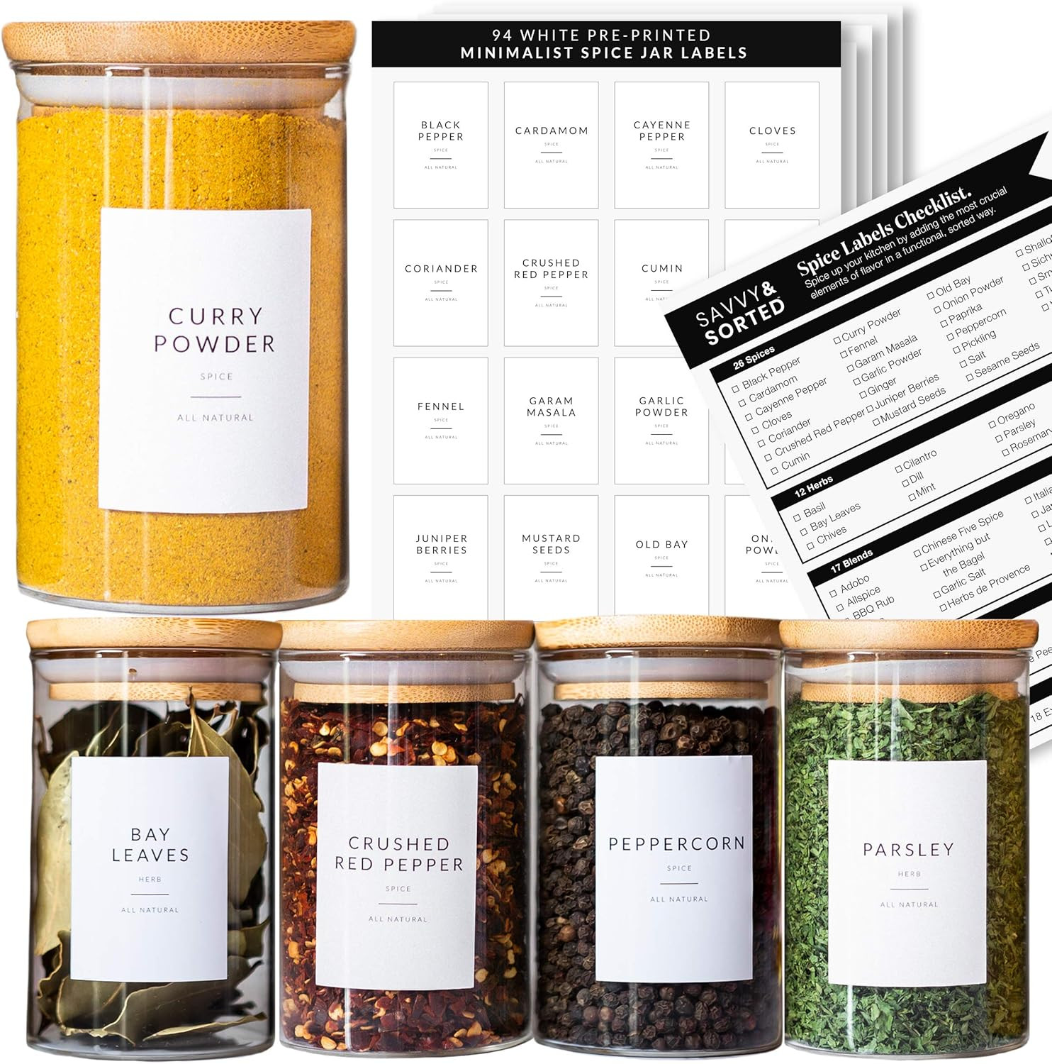 Spice Jar Labels Preprinted - Minimalist Black Text White Label - Fit Round or Rectangle Spice Ja... | Amazon (US)