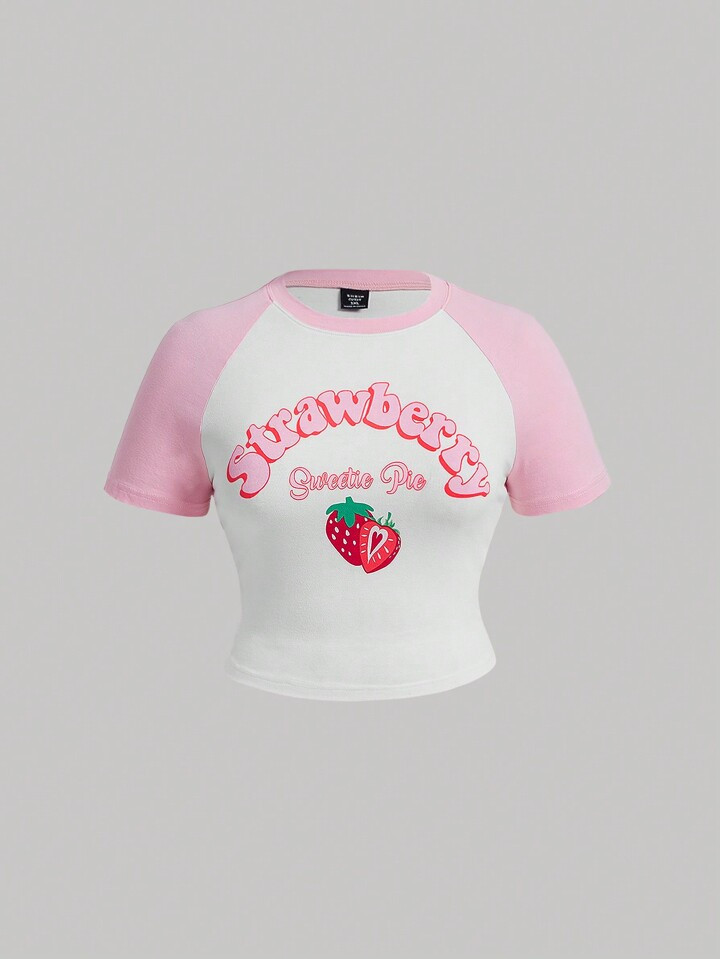 SHEIN MOD Plus Size Women's Letter & Strawberry Print Color Block Raglan Short Sleeve T-Shirt | SHEIN