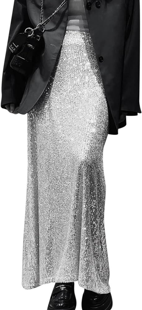 Women's Shiny Sparkly Sequin Maxi Skirt Sexy Glitter High Waist Stretchy Long Skirts Night Out Bo... | Amazon (US)