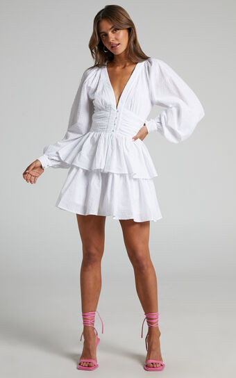 Suki Mini Dress - Plunge Neck Balloon Sleeve Tiered Ruffle Dress in White | Showpo (US, UK & Europe)