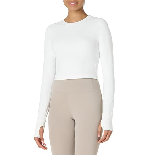Amazon Essentials Women's Active FormFlex Buttery Soft Long Sleeve Slim Fit Crop Layering Workout Top, White, Large | Amazon (US)