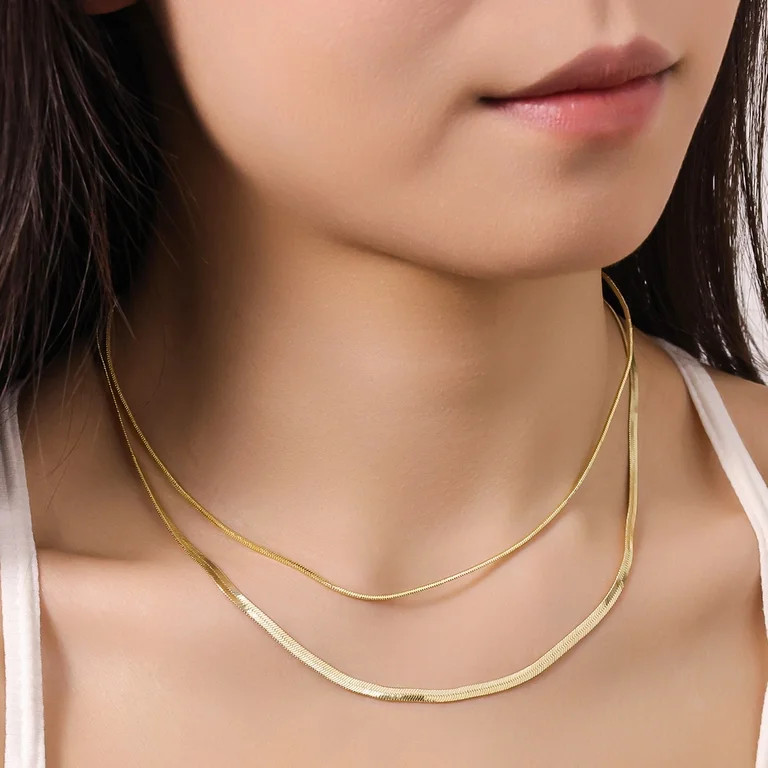 Free Assembly Women's Demi Fine 14K Gold Plated Herringbone Layered Necklace Set, 15" + 2" Extend... | Walmart (US)