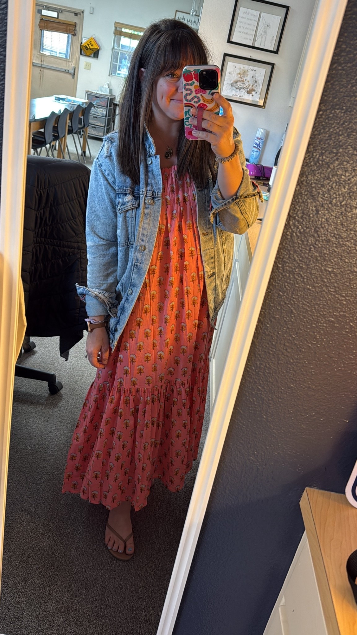 Darling and easy wear block print dress. Jacket is OLD free people (Ramona trucker denim jacket)