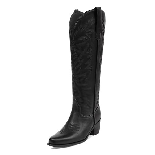 Ouepiano Black Cowboy Boots for Women Cowgirl Knee High Boots with Classic Embroidered Pull On & Side Zipper Pointed Toe Chunky Heel Vintage Country Western Boots Size 9.5 | Amazon (US)