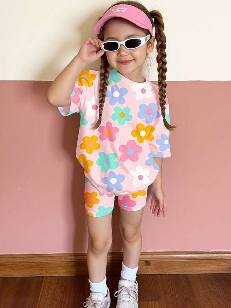 SHEIN Happikins 2pcs/Set Young Girl Casual Floral Print Short Sleeve Round Neck T-Shirt And Shorts Set, Suitable For Summer Summer Outfits | SHEIN