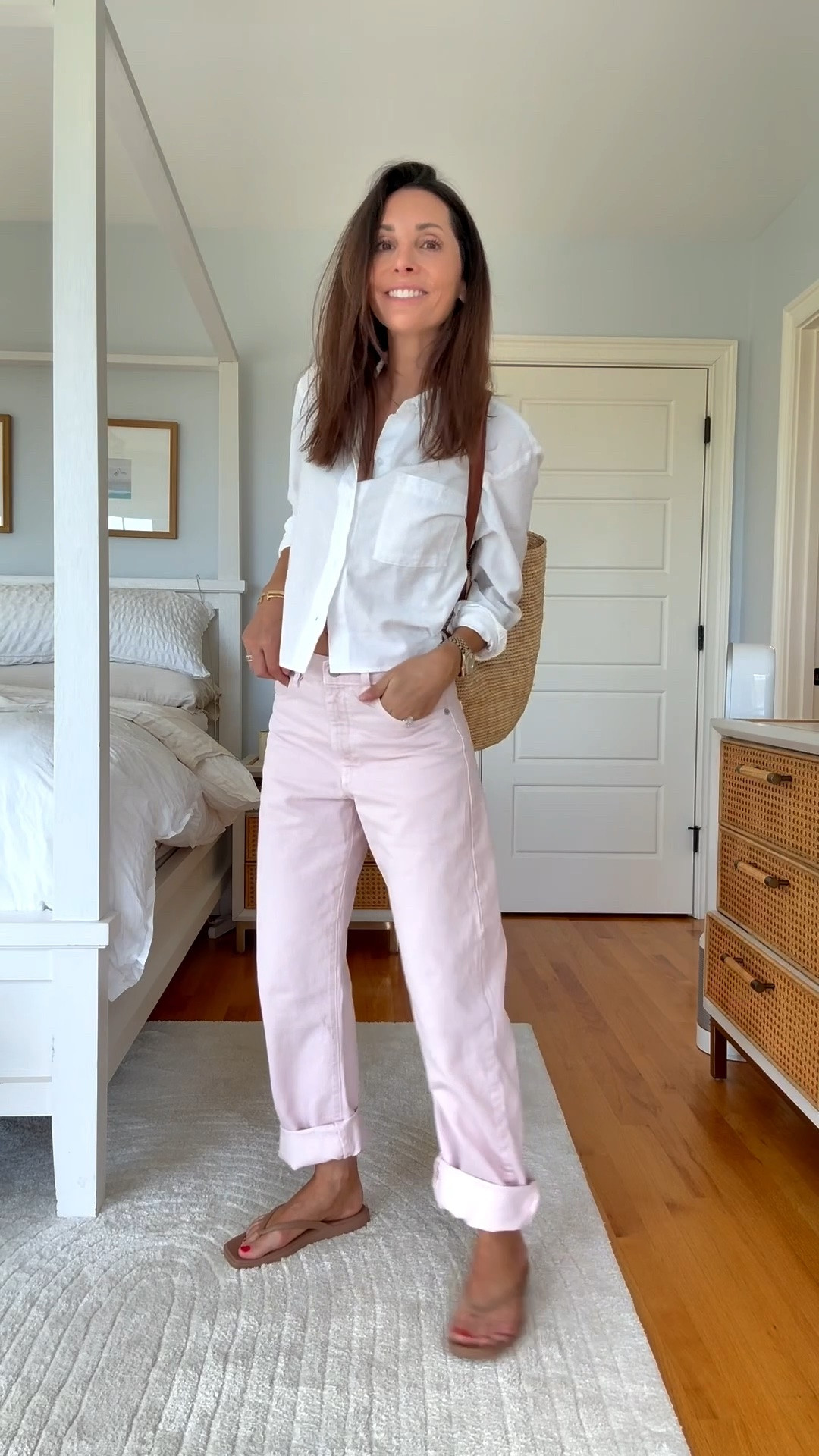 Sized down one size in these pink jeans! Top is under $20.