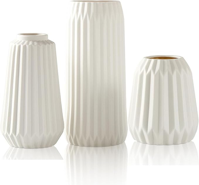 White Ceramic Vase, Set of 3 Vase for Modern Home Decor, Nordic Minimalism Décor,Vertical Stripe... | Amazon (US)