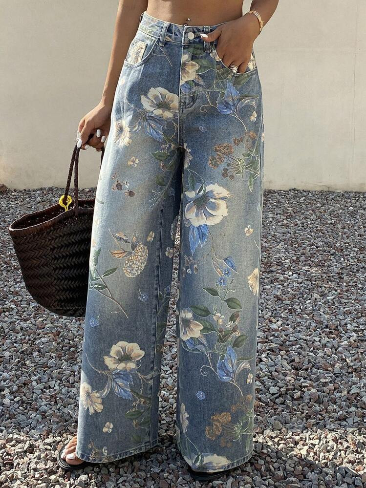 Livesso Women's Loose Fit Floral Printed Wide Leg Denim Jeans, Summer Vacation | SHEIN