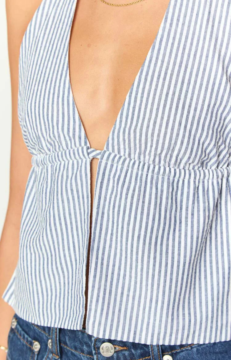 Izzie Navy Stripe Halter Neck Top | Beginning Boutique (US)