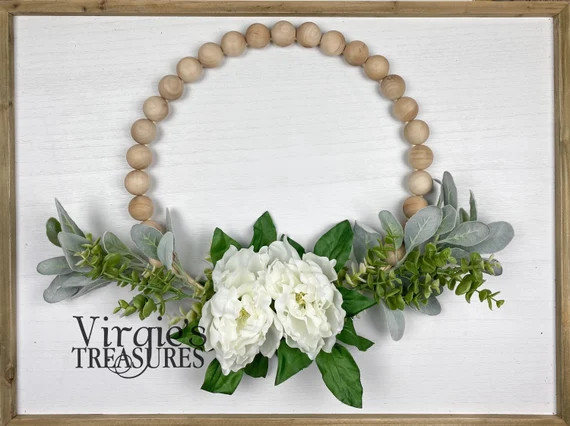 1 1/4 inch Split Wood Bead Wreath, Farmhouse Wreath, Eucalyptus & Lambs Ear Wreath, Peony Wreath,... | Etsy (US)