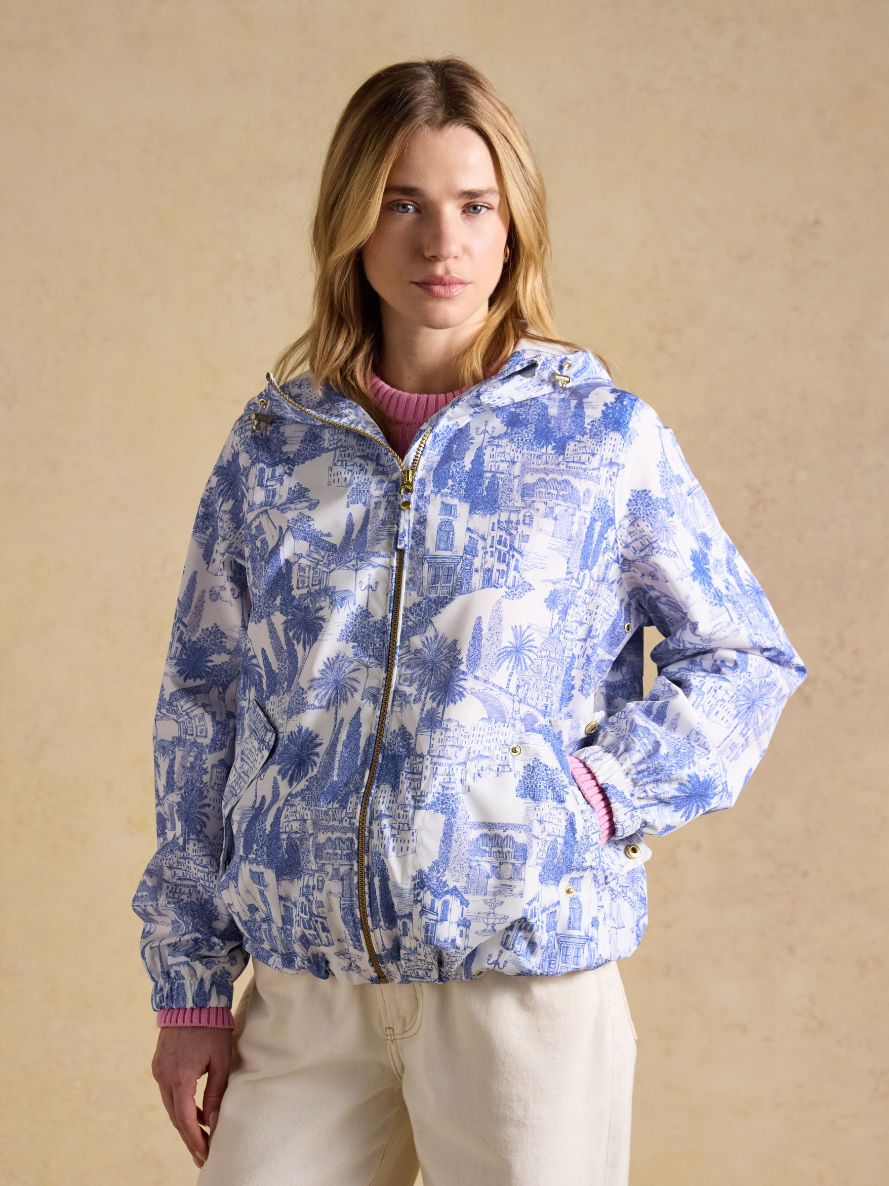Rainly Cream & Blue Waterproof Packable Raincoat with Hood | Joules | Joules