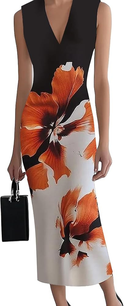 HVT Women's Dress Wedding Guest Party Dresses Floral Print Halter Neck Maxi Dress Sleeveless Body... | Amazon (US)