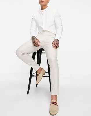 ASOS DESIGN wedding super skinny suit pants in stone cotton linen | ASOS (Global)