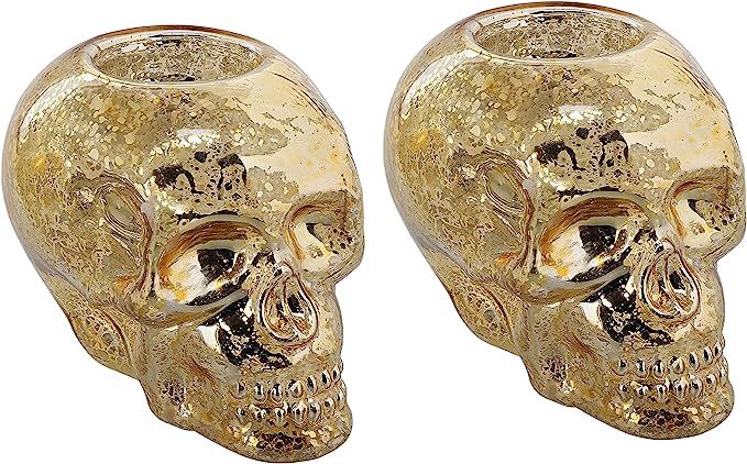 Glass Skull Tealight Holder - Set of 2 Gold | Amazon (US)