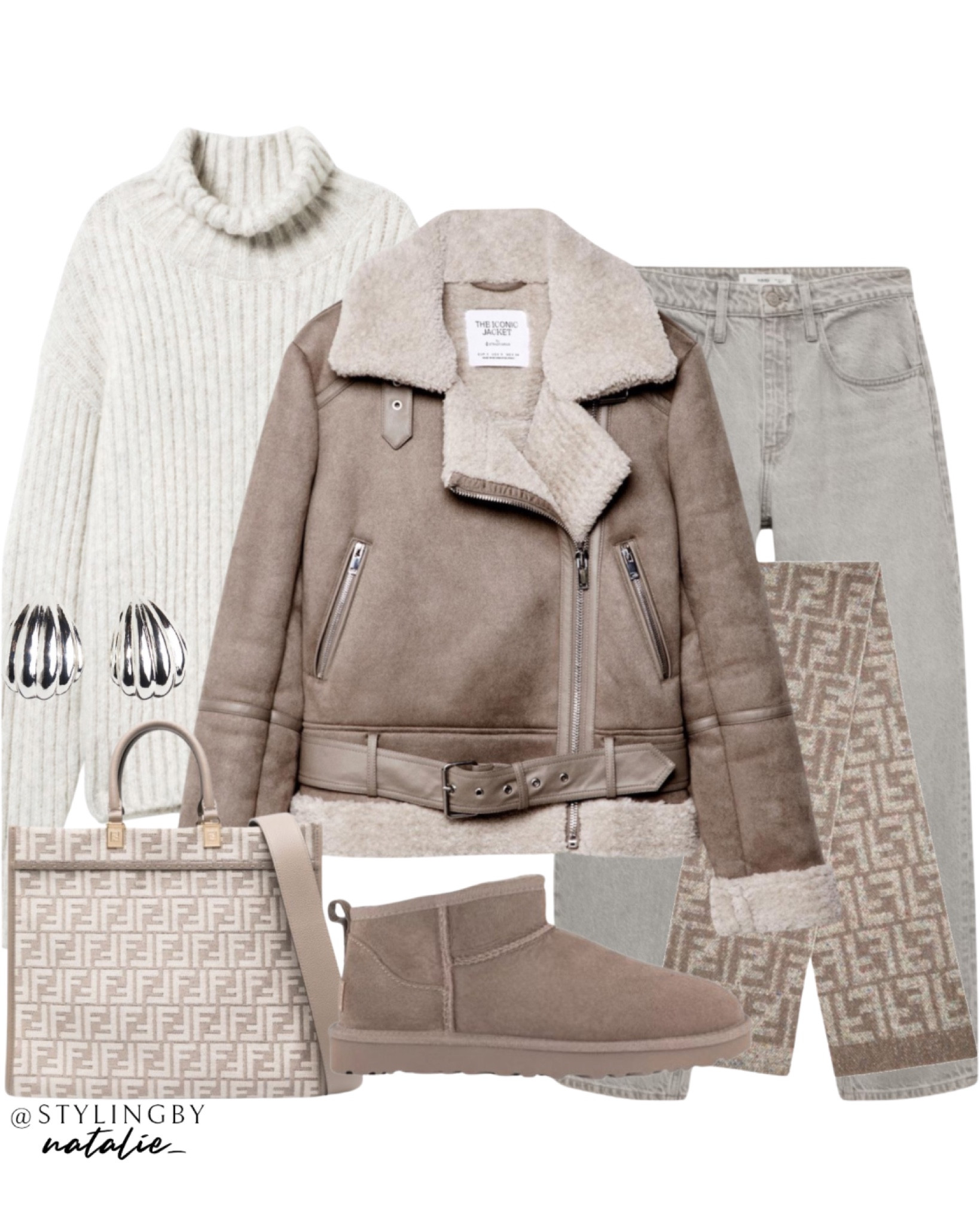Winter jacket-
Shearling biker jacket, grey tarted jeans, ribbed turtleneck jumper, Ugg mini boots, fendi shopper bag, fendi knit scarf and silver earrings.
🏷️Winter outfits, aviator, knitwear, winter trends

#LTKuk #LTKwinter #LTKstyletip