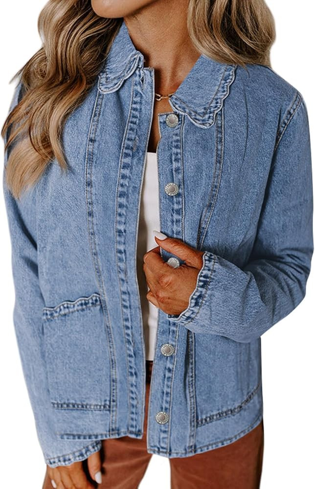 Sidefeel Women's Jean Jacket Long Sleeve Button Down Ruffled Denim Jacket Shacket | Amazon (US)