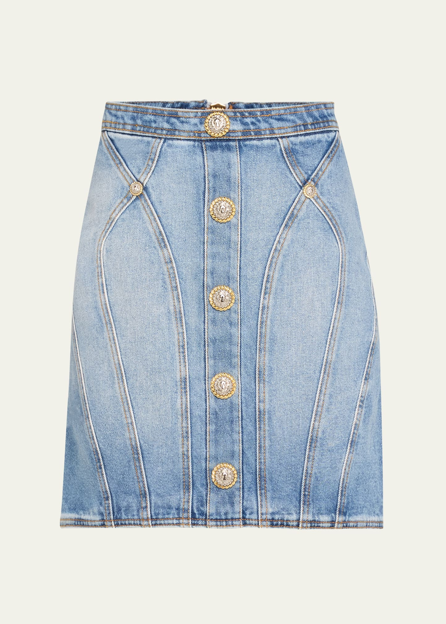 Balmain Seamed Denim Pencil Skirt with Gold-Tone Buttons | Bergdorf Goodman