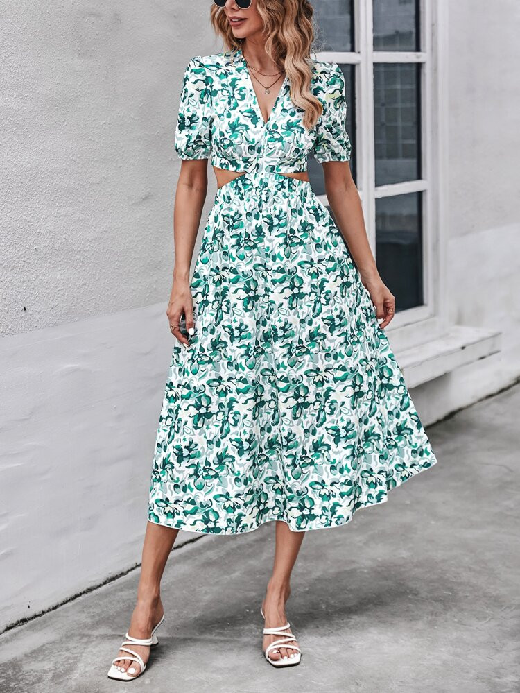 Allover Plant Print Cut Out Tie Back Puff Sleeve Dress | SHEIN