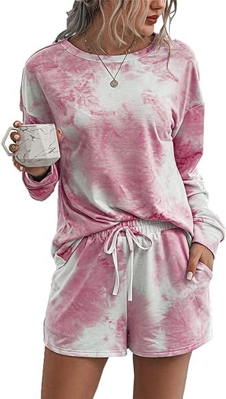 PRETTYGARDEN Women’s Tie Dye Printed Pajamas Set Long Sleeve Tops With Shorts Lounge Set Casual Two- | Amazon (US)