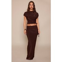Dark Brown Ruched Waist Slinky Maxi Skirt Co-ord | PrettyLittleThing US