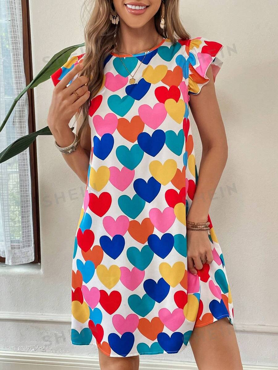 SHEIN Essnce Women Colorful Heart All-Over Printed Dresses Print Floral Decorated Dress Mother Da... | SHEIN