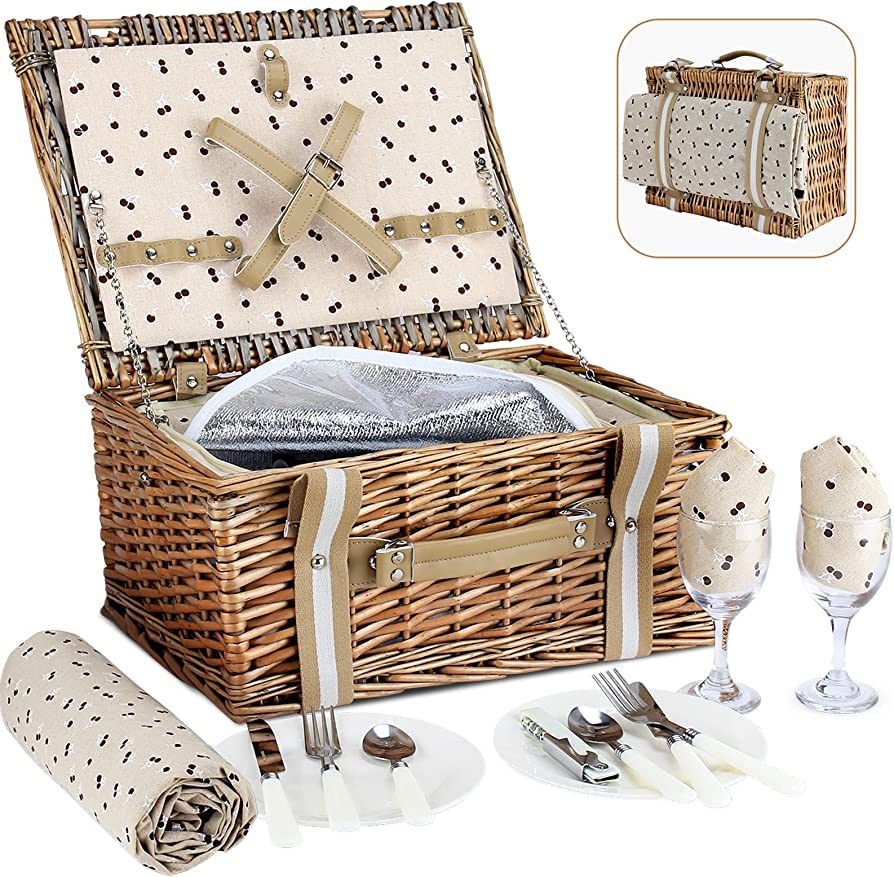 Willow Picnic Basket Set for 2 Persons with Large Insulated Cooler Bag and Waterproof Picnic Blan... | Amazon (US)