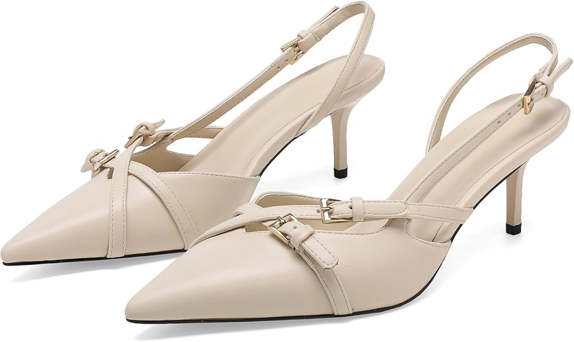 Women's Slingback Kitten Heels Buckle Strap Work Pumps Pointed Toe Slip On Comfortable Dress Shoe... | Amazon (US)