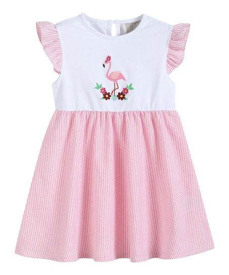 Pink & White Seersucker Flamingo Angel-Sleeve Dress - Toddler & Girls | Zulily