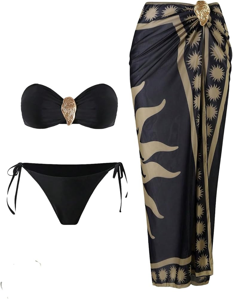 SHENHE Women's 3 Piece Swimsuits Metal Ring Tie Side Bandeau Bikini Set with Cover Up Long Skirt | Amazon (US)