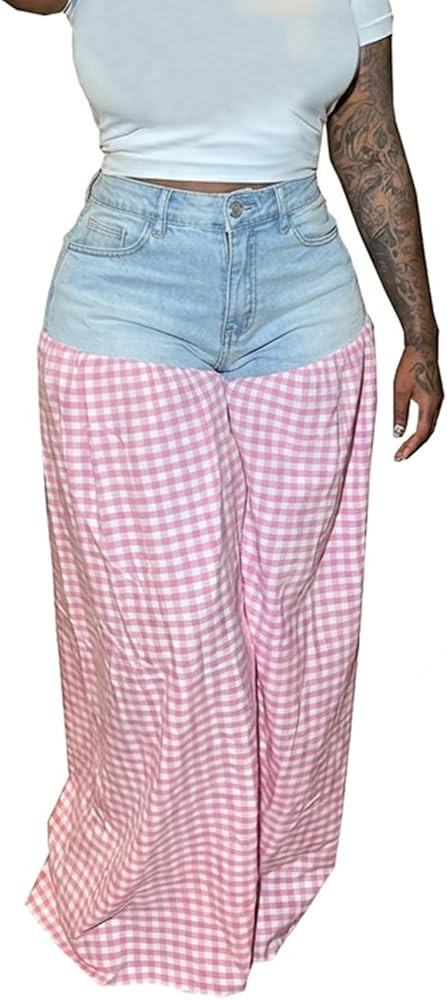 ThusFar Women's Wide Leg Jeans Checkered High Waisted Stretchy Straight Leg Loose Denim Pants Str... | Amazon (US)