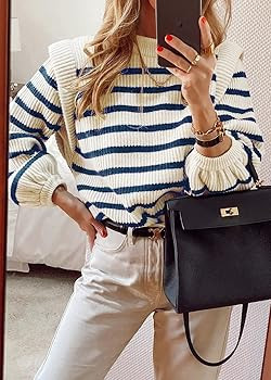 PRETTYGARDEN Women's Sweaters Casual Long Lantern Sleeve Crewneck Ribbed Knit Pullover Striped Ju... | Amazon (US)