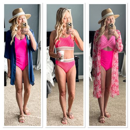 Amazon swimsuits for women. I’m wearing a medium in all. 
One piece | bikini | bathing suit | two piece | pink | hot pink | summer | beach | pool | lake | resort wear | coverup | kimono | sandals | hat | fedora 

#LTKswim #LTKstyletip #LTKunder50