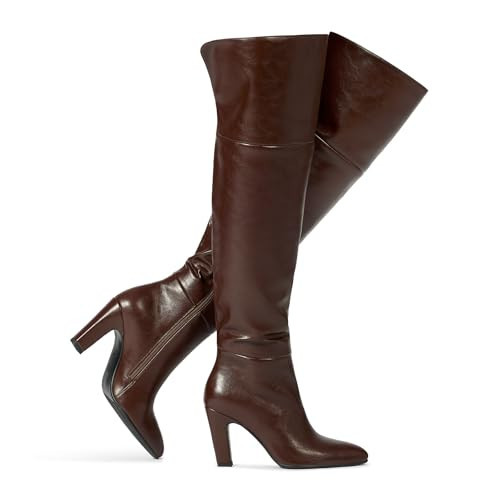 wetkiss Dark Brown Boots for Women Thigh High Boots Over the Knee Boots Dark Brown Long Boots Wide Calf Tall Boots Womens High Heeled Fall Boots Pointed Toe Boots Block Chunky Leather Boots Winter | Amazon (US)