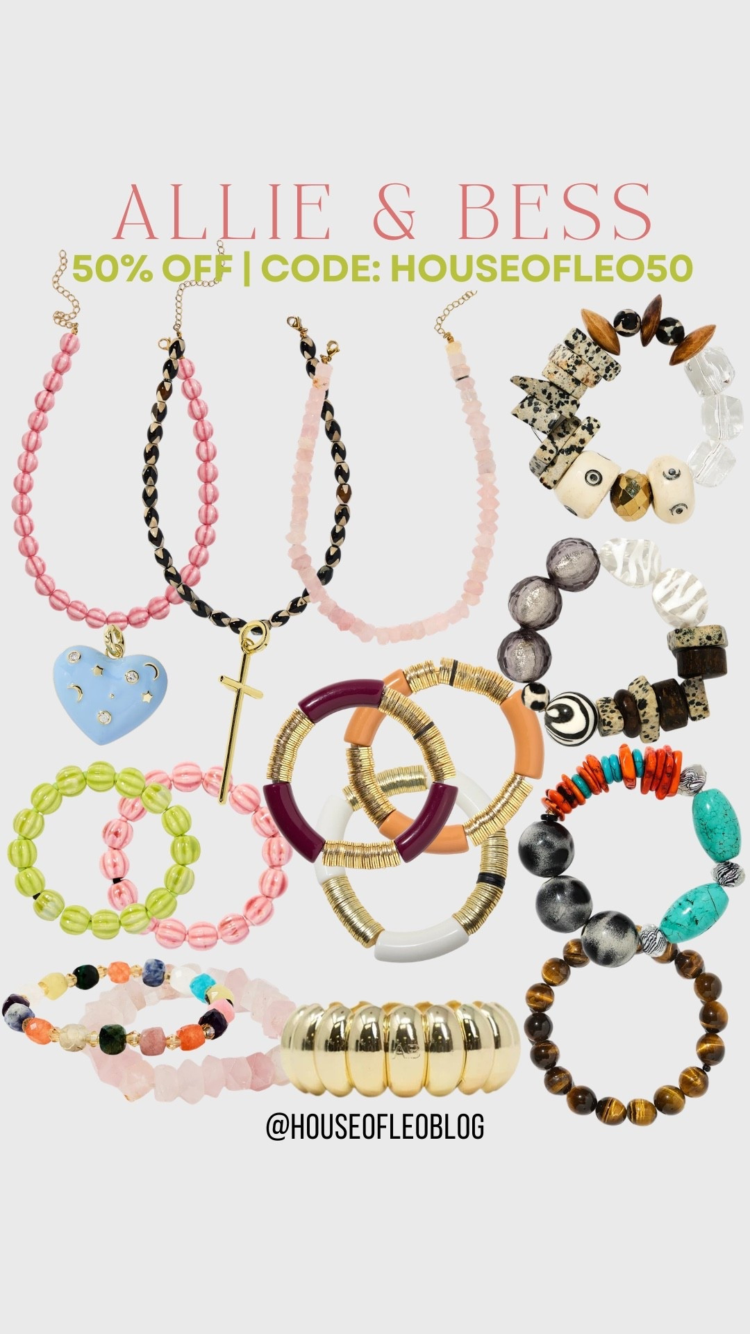 Code HOUSEOFLEO50 for 50% off for two days only. Beaded bracelets, beaded necklace.