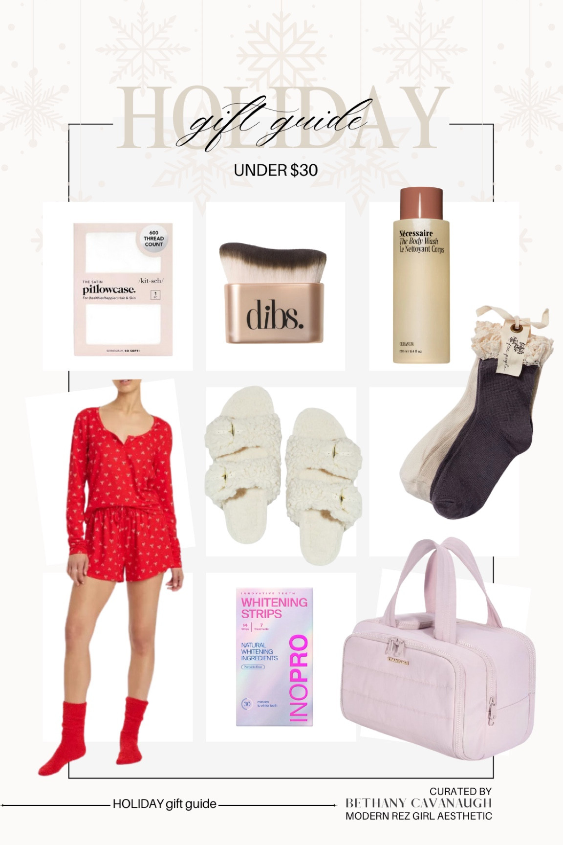 { gifts under $30 ❥

• kitsch The Satin Pillowcase 
• dibs beauty (Every)Body Brush 
• Nécessaire The Body Wash
• Colsie 3 pc Pajama Set in Red Bows
• auden Jane Two Band Buckle Slide Slippers in Cream
• free people Ruffle Sock Pack 
• INOPRO Teeth Whitening Strips 
• BAGSMART Puffy Travel Toiletry Bag 

Gifts for Her . Gift Ideas for Her . Modern Rez Girl Aesthetic . Native American Content Creator } 

#LTKCyberWeek #LTKHoliday #LTKGiftGuide
