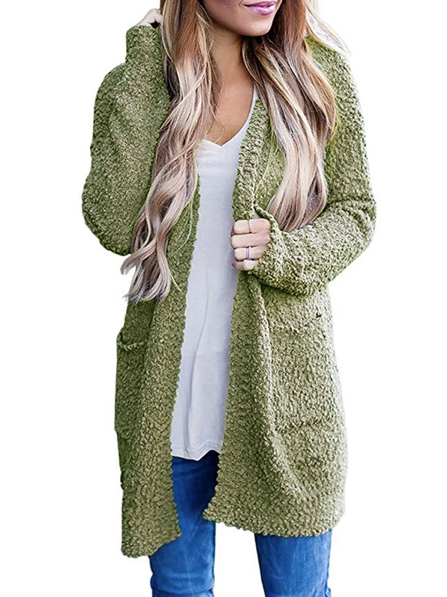 Women Open Front Sherpa Cardigan Coat Long Sleeve Fleece Fuzzy Oversized Warm Long Cardigan Sweat... | Walmart (US)