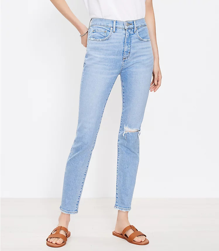 Petite Destructed High Rise Skinny Ankle Jeans in Vivid Light Indigo Wash | LOFT